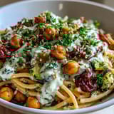 Hearty bowl of chickpea pasta tossed with caramelized cherry tomatoes and a smooth lemon-tahini dressing. 