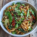 Colorful vegan Shirataki Noodle Bowl topped with toasted sesame seeds and fresh green onions, ready to serve.