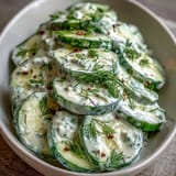 A bowl of creamy cucumber salad with dill, showcasing crisp cucumber slices in tangy Greek yogurt dressing.