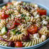 Vibrant pasta salad featuring cherry tomatoes, cucumbers, and olives tossed in zesty Italian dressing, ideal for warm-weather meals.