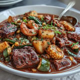 Rich and hearty Kentucky Derby Burgoo Stew, featuring slow-simmered beef, pork, and chicken with fresh garden vegetables.  