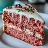 Luscious Rosé Velvet Cake with luscious cream cheese frosting, ready for slicing.