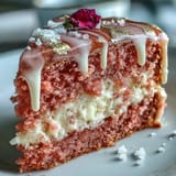 Decadent pink velvet cake infused with rosé, glistening gold drips.