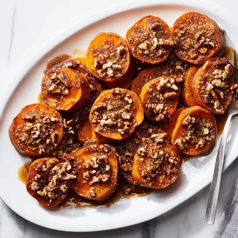 Sliced sweet potatoes for Candied Yams coated in cinnamon butter syrup, bubbling in a baking dish, ready for a festive dinner.