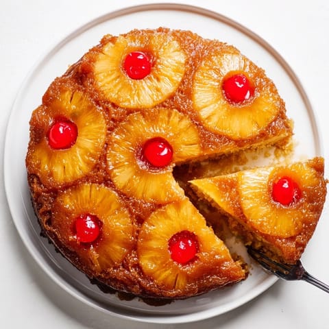 Classic Pineapple Upside-Down Cake inverted onto a white plate, showcasing glossy brown sugar glaze and moist, tender cake crumb.