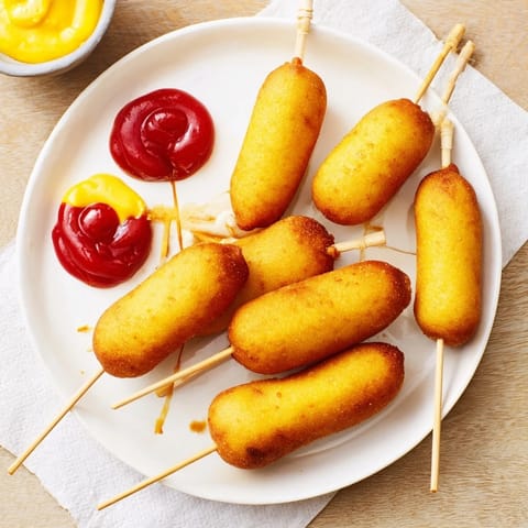 Dripping with batter, a Classic Corn Dog fries to golden perfection in bubbling oil for a tasty snack.