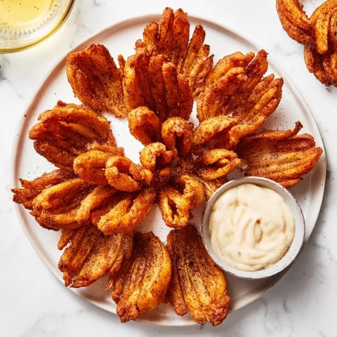 Freshly fried Blooming Onion appetizer, showcasing a crispy battered blossom and a side of tangy dipping sauce.