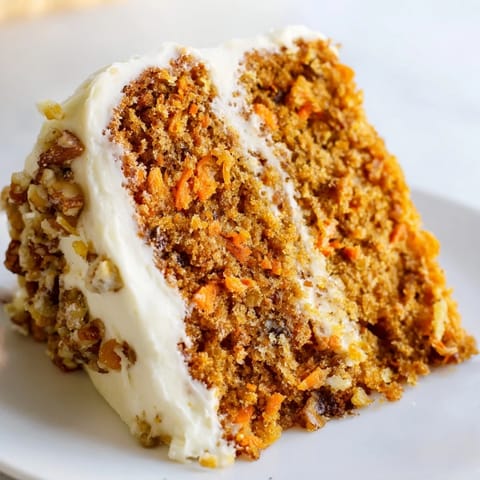 Moist Carrot Cake slices on white plates with a soft butter knife ready to serve.