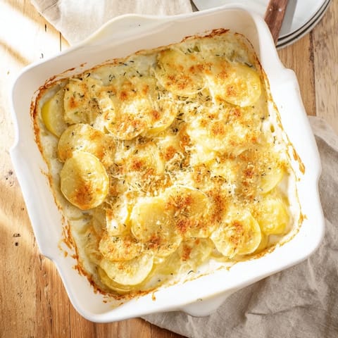 Creamy garlic Au Gratin Potatoes served hot in a baking dish, perfect for dinner.