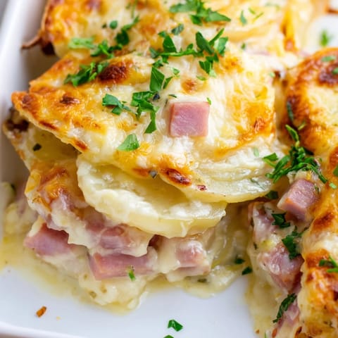 Golden, bubbly Scalloped Potatoes with Ham emerges from the oven in a ceramic baking dish.