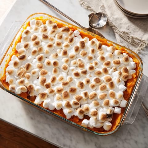 Freshly baked Sweet Potato Casserole with golden toasted mini marshmallows bubbling over a creamy, spiced sweet potato base.