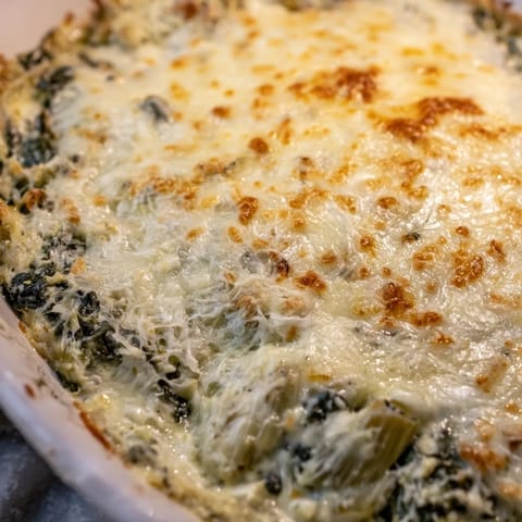 Creamy homemade Spinach Artichoke Dip scooped onto a crispy tortilla chip, highlighting the tender spinach and rich, cheesy texture for game day snacking.