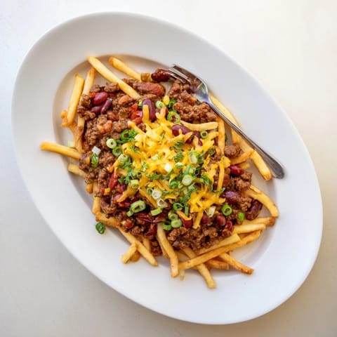 Golden, crispy French fries are generously topped with savory beef chili and melted cheddar cheese.