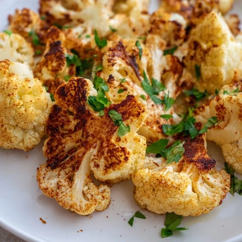 Golden brown cauliflower florets with crispy edges, garnished with fresh parsley on a rustic wooden serving platter.