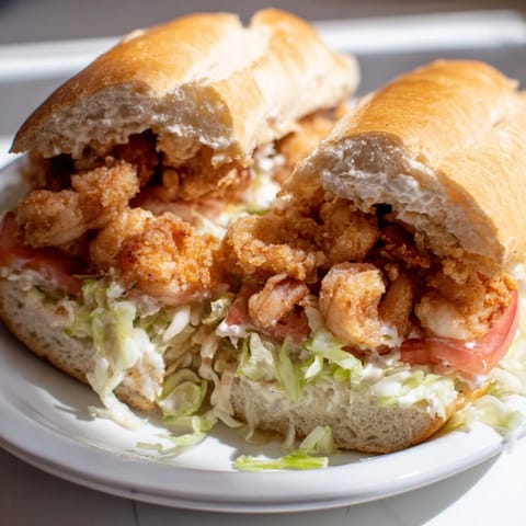 Crispy battered shrimp piled high on a soft hoagie bun with lettuce, tomato, and spicy mayo for a Louisiana-style lunch.