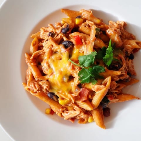 Steamy, melted cheddar and Monterey Jack cheese blankets penne pasta tossed with shredded chicken, black beans, and red enchilada sauce.  