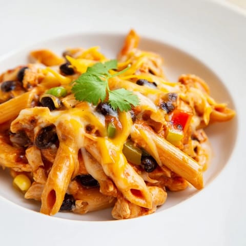 A skillet of bubbling, Tex-Mex-inspired Chicken Enchilada Pasta topped with fresh cilantro and sliced green onions.  