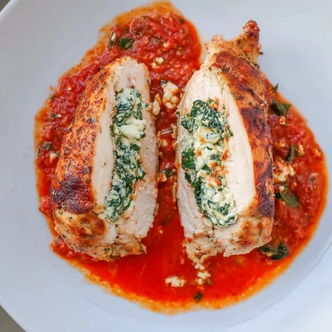 Golden seared chicken with spinach ricotta filling, baked in herb tomato sauce and served hot with melted Parmesan on top.
