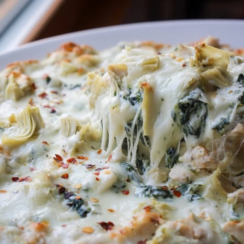 A serving of Spinach & Artichoke Chicken Bake on a rustic plate, creamy spinach and artichoke topping swirling with golden cheese, paired with a crisp green salad.