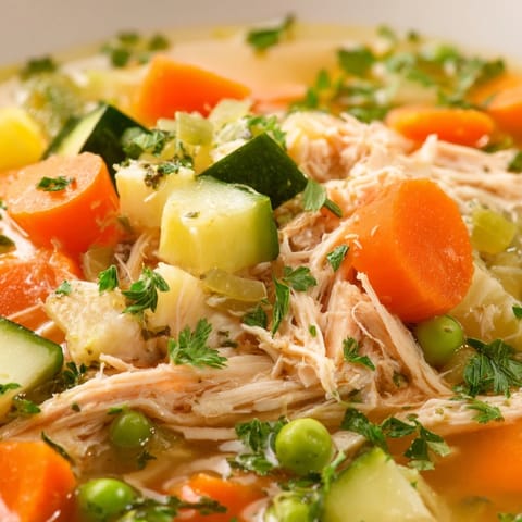 Spring Garden Chicken Soup showcases peas and zucchini in a light, aromatic broth, perfect for a comforting lunch or dinner.
