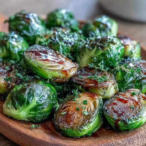 Golden caramelized Roasted Brussels Sprouts With Balsamic drizzled and served alongside roasted chicken for dinner.  