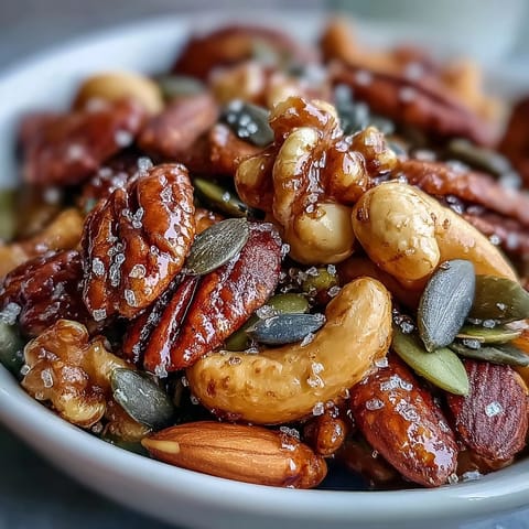 A close-up of Spiced Nuts and Seeds Mix showing a colorful blend of toasted nuts and seeds with vibrant turmeric and paprika spices.