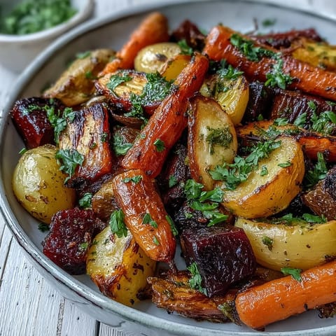 Golden roasted root vegetable medley with caramelized carrots, sweet potatoes, and beets on a baking sheet, garnished with fresh thyme and parsley.  