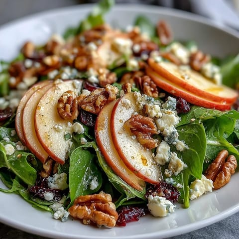 Thinly sliced crisp apples and chopped walnuts toss with mixed greens in a tangy apple cider vinaigrette, ready to serve as a refreshing side.  