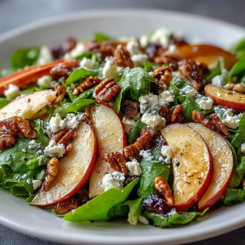 Apple and Walnut Salad glistens with a light dressing, showcasing crumbled blue cheese and fresh greens for a festive winter dish.  