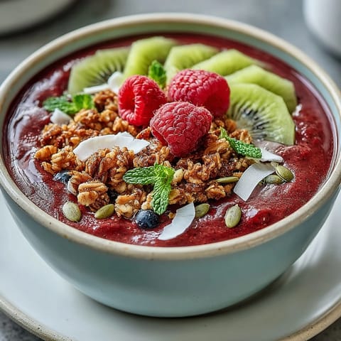 Thick Beet and Berry Smoothie Bowl garnished with sliced kiwi, berries, and coconut, a refreshing vegan breakfast bowl.