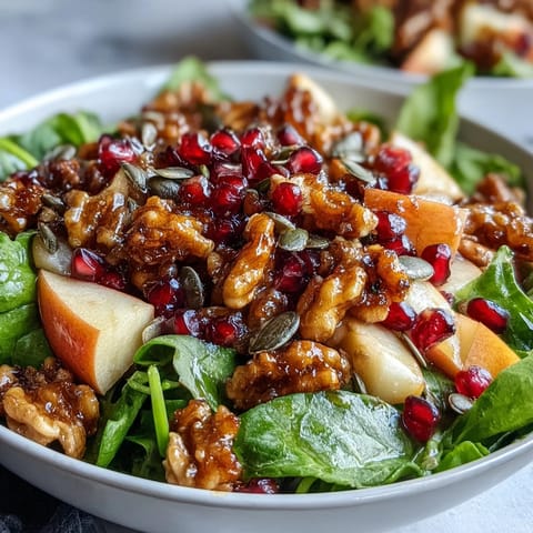 Freshly prepared Pomegranate and Walnut Salad with juicy red arils, crisp apple slices, and toasted nuts tossed in a zesty lemon dressing.