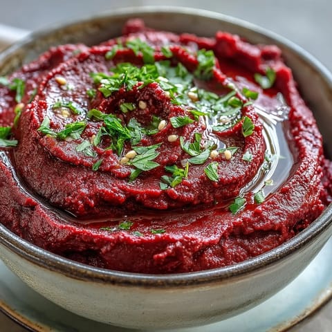 A vibrant bowl of Roasted Beet Hummus, drizzled with olive oil and garnished with fresh parsley for a creamy, earthy dip.