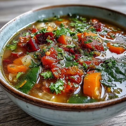 A bowl of Rainbow Vegetable Detox Soup garnished with herbs, served alongside crusty artisan bread for dipping.