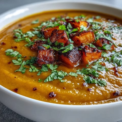 A steaming bowl of Butternut Squash and Lentil Soup features creamy pureed texture, turmeric tones, and a lemon wedge for bright flavor contrast.