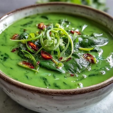 Vibrant green Spinach Coriander Lemongrass Soup is ladled into a white bowl, garnished with fresh cilantro and a slice of red chili.