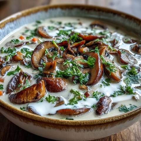 Creamy Mushroom Stroganoff Soup steaming in a rustic bowl, topped with fresh parsley and a dollop of sour cream.