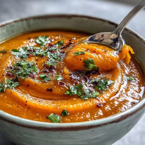 A bowl of vibrant orange Carrot, Celeriac and Chilli Soup garnished with fresh herbs and a swirl of dairy-free yogurt.