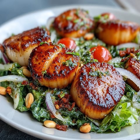 Tender scallops with a golden crust sit on bright greens and cherry tomatoes.
