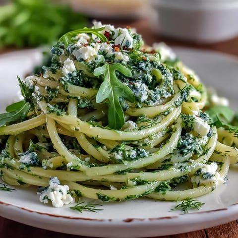 Steaming Linguine with Arugula Pesto plated beside a crisp salad, perfect for a vibrant weeknight vegetarian meal.