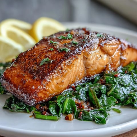 Two juicy air fryer salmon fillets with extra-crisp skin served over tender Swiss chard, garnished with lemon wedges.