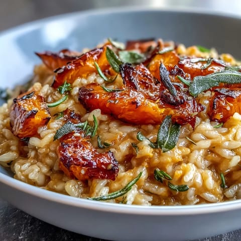 Golden Vegan Pumpkin Risotto topped with crispy sage leaves served in a rustic white bowl.