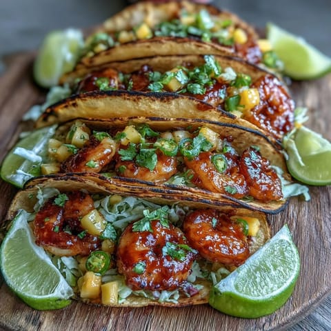 Spicy sriracha shrimp tacos are garnished with fresh cilantro and lime wedges for a tangy finish.