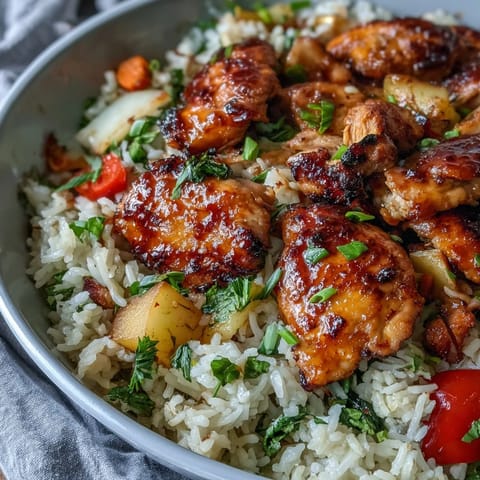 Tender honey BBQ chicken thighs glazed with sticky sauce over fluffy rice and steamed vegetables in a single skillet.