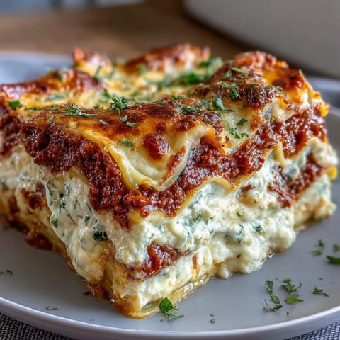 Golden, bubbly mozzarella tops layers of Worlds Best Lasagna with meat sauce and creamy ricotta.