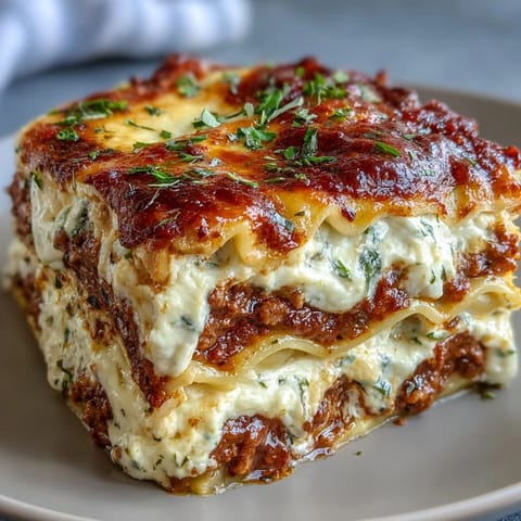 Fresh basil garnish crowns a hearty slice of Worlds Best Lasagna, ready to serve.