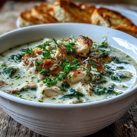Tender chicken and wilted spinach in a rich, velvety Garlic Parmesan Chicken Soup served hot.