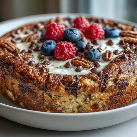 Freshly baked Baked Protein Pancake Bowl emerges golden from the oven, topped with peanut butter and berries for a nutritious start.