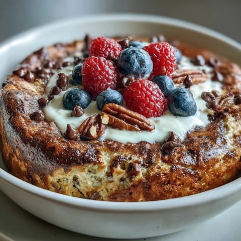 Single-serve Baked Protein Pancake Bowl rests in a ramekin, steam rising from a fluffy texture and vibrant fruit toppings.