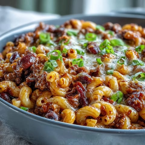 One-Pan High Protein Chili Mac with gooey cheddar and smoky spices steaming in a skillet next to tortilla chips.