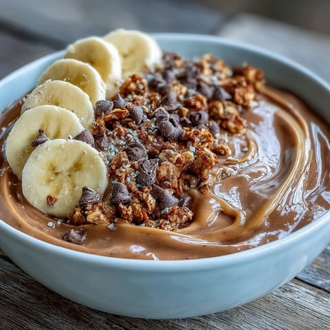 Chunky Monkey Smoothie Bowls served in ceramic bowls, topped with sliced banana, granola, cacao nibs, and hemp seeds.